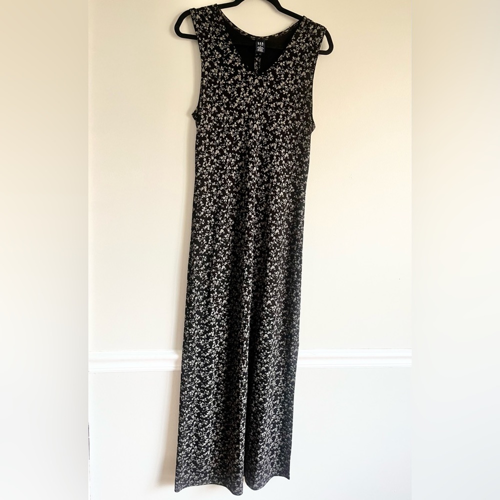 Vintage 90s/2000s GAP Flora Maxi Dress Sleeveless V-Neck Black/Gray Y2K Sz L